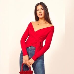 Reformation ‘Cherie’ Wrap Long Sleeve Top Red Size Medium